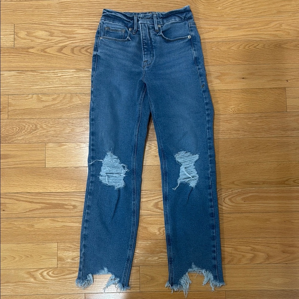 Good American Good Icon High Waisted Crop Straight Leg Distressed Jeans NWOT